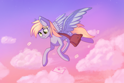 Size: 6000x4000 | Tagged: safe, artist:stravy_vox, artist:stravyvox, imported from derpibooru, derpy hooves, pegasus, pony, absurd resolution, cloud, female, flying, letter, mare, satchel, sky, solo, spread wings, wings