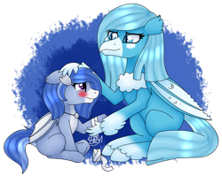 Size: 2447x1951 | Tagged: safe, artist:spokenmind93, imported from derpibooru, oc, oc:river tailwind, oc:sora melody, bat pony, hippogriff, hybrid, bandage, bat pony oc, bat wings, blushing, comforting, crying, hippogriff oc, injured, looking up, motherly love, signature, simple background, transparent background, wings