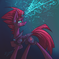 Size: 1133x1122 | Tagged: safe, artist:tu-kierownik, imported from derpibooru, tempest shadow, pony, unicorn, eye scar, female, fullbody, happy, magic, mare, raised hoof, scar, simple background, solo