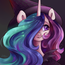 Size: 800x803 | Tagged: dead source, safe, artist:tu-kierownik, imported from derpibooru, princess celestia, alicorn, pony, bust, cute, cutelestia, halloween, happy, hat, holiday, nightmare night, portrait, solo, witch, witch hat