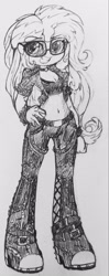 Size: 1409x3550 | Tagged: safe, artist:shadowhawx, artist:shadowhawx95, imported from derpibooru, sunset shimmer, equestria girls, belly button, boots, breasts, cleavage, clothes, female, high res, jacket, leather, leather boots, leather jacket, monochrome, rock (music), rocker, shoes, solo, traditional art