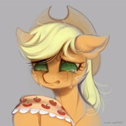 Size: 4000x4000 | Tagged: safe, artist:rrd-artist, imported from derpibooru, applejack, earth pony, pony, applejack's hat, clothes, cowboy hat, crying, feels, female, granny smith's shawl, gray background, hat, implied death, implied granny smith, no pupils, sad, simple background, solo, tears of sadness, teary eyes