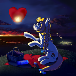 Size: 1200x1200 | Tagged: safe, artist:purring_cat, imported from derpibooru, earth pony, pony, braid, female, lamp, mare, night, picnic, scenery, sky lantern, solo, sunset