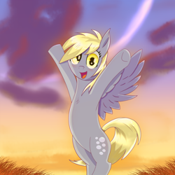 Size: 1500x1500 | Tagged: safe, alternate version, artist:divifilly, imported from derpibooru, derpy hooves, pegasus, pony, bipedal, cute, derpabetes, sky, solo, spread wings, sweet dreams fuel, wings