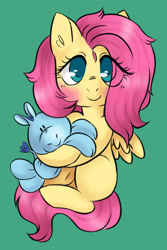 Size: 1280x1911 | Tagged: safe, artist:1eg, imported from derpibooru, fluttershy, pegasus, pony, blushing, cute, daaaaaaaaaaaw, eye clipping through hair, female, filly, filly fluttershy, green background, plushie, shyabetes, simple background, smiling, solo, younger