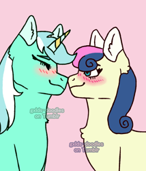 Size: 1200x1400 | Tagged: safe, artist:gxlds-doodles, imported from derpibooru, bon bon, lyra heartstrings, sweetie drops, earth pony, pony, unicorn, blushing, female, lesbian, lyrabon, shipping