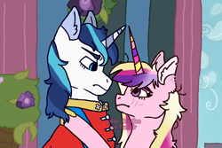 Size: 1280x853 | Tagged: safe, artist:gxlds-doodles, imported from derpibooru, princess cadance, shining armor, a canterlot wedding, female, male, messy mane, scene interpretation, shiningcadance, shipping, straight