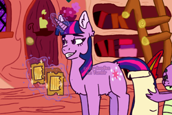 Size: 1280x853 | Tagged: safe, artist:gxlds-doodles, imported from derpibooru, spike, twilight sparkle, dragon, pony, unicorn, the ticket master, gala ticket, golden oaks library, ladder, quill, scene interpretation, scroll, unicorn twilight