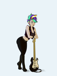 Size: 1920x2560 | Tagged: safe, artist:aquaticvibes, imported from derpibooru, rarity, human, alternate hairstyle, boots, breasts, busty rarity, clothes, electric guitar, guitar, humanized, leaning, leather pants, leather vest, midriff, musical instrument, pants, punk, raripunk, shoes, simple background, solo, white background