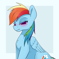 Size: 2000x2000 | Tagged: safe, artist:aquaticvibes, imported from derpibooru, rainbow dash, pegasus, pony, blushing, female, flustered, mare, simple background, sitting, solo, tsunderainbow, tsundere