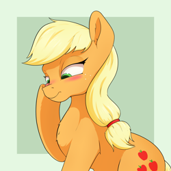 Size: 2000x2000 | Tagged: safe, artist:aquaticvibes, imported from derpibooru, applejack, earth pony, pony, blushing, cute, female, hoof on cheek, jackabetes, mare, missing accessory, simple background, solo