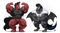 Size: 2209x1241 | Tagged: safe, artist:ponyanony, imported from derpibooru, oc, oc only, oc:crimson crescent, oc:dark ice, alicorn, bat pony, bat pony alicorn, unicorn, bat wings, brothers, clothes, fetish, flexing, horn, male, muscle fetish, muscles, shirt, siblings, t-shirt, twins, wings