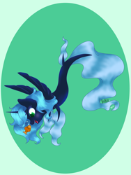 Size: 2121x2828 | Tagged: safe, artist:shylostconfused, imported from derpibooru, oc, oc only, alicorn, fish, pony, seapony (g4), blue mane, bubble, dorsal fin, fins, fish tail, flowing mane, flowing tail, green background, green eyes, horn, looking at each other, open mouth, seaponified, simple background, smiling, solo, species swap, tail, wings