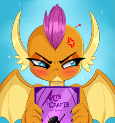 Size: 955x1024 | Tagged: safe, artist:aer0 zer0, imported from ponybooru, smolder, dragon, angry, blushing, book, cross-popping veins, dragoness, embarrassed, explicit description, fanfic in the description, fangs, female, heart, holding, lidded eyes, looking away, solo, spread wings, wings