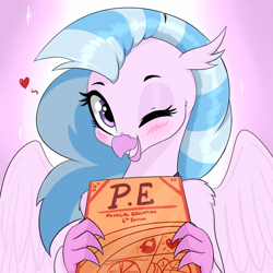 Size: 1024x1024 | Tagged: safe, artist:aer0 zer0, imported from ponybooru, silverstream, classical hippogriff, hippogriff, blushing, book, explicit description, fanfic in the description, female, happy, heart, holding, looking at you, one eye closed, open mouth, smiling, solo, wink