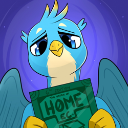 Size: 1024x1024 | Tagged: safe, artist:aer0 zer0, imported from ponybooru, gallus, griffon, book, explicit description, fanfic in the description, holding, lidded eyes, looking at you, looking down, male, smiling, solo