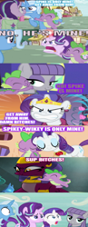 Size: 558x1431 | Tagged: safe, edit, edited screencap, editor:undeadponysoldier, imported from ponybooru, screencap, maud pie, rarity, sphinx (character), spike, starlight glimmer, trixie, sphinx, daring done?, angry, argument, caption, crack shipping, episode needed, female, he's mine, image macro, jaw drop, male, mare, maudspike, shipping, shocked, sparity, sparlight, sphike, spike gets all the mares, spixie, straight, sup bitches, text, vulgar