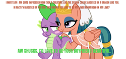 Size: 989x467 | Tagged: safe, artist:memnoch, artist:sketchmcreations, edit, editor:undeadponysoldier, imported from ponybooru, somnambula, spike, dragon, pegasus, pony, arm behind back, blushing, clothes, crack shipping, crown, cute, daaaaaaaaaaaw, female, headdress, hoof wrapped around tail, hug, impressed, jewelry, lidded eyes, makeup, male, raised hoof, raised leg, regalia, shipping, simple background, spikelove, spinambula, straight, tail hug, text, white background