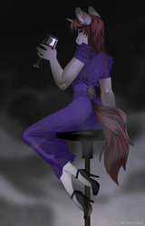 Size: 3154x4915 | Tagged: safe, artist:ruku, imported from derpibooru, oc, oc only, oc:silver bubbles, anthro, plantigrade anthro, unicorn, alcohol, bar stool, clothes, corset, crossdressing, eyeshadow, femboy, glass, high heels, hobble skirt, lidded eyes, looking over shoulder, makeup, male, seductive look, shoes, skirt, stiletto heels, wine glass