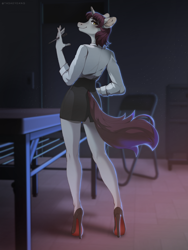 Size: 3000x4000 | Tagged: safe, artist:ruku, imported from derpibooru, oc, oc only, oc:silver bubbles, anthro, plantigrade anthro, unicorn, bare legs, blouse, clothes, crossdressing, desk, evening, femboy, high heels, looking over shoulder, male, pen, pencil skirt, secretary, shoes, short skirt, shy, shy smile, skirt, smiling