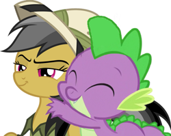 Size: 1001x798 | Tagged: safe, artist:dashiesparkle, edit, editor:undeadponysoldier, imported from ponybooru, daring do, spike, dragon, pegasus, pony, clothes, crack shipping, cute, daaaaaaaaaaaw, daringspike, female, hat, hug, male, mare, shipping, simple background, smiling, smug, spikabetes, spikelove, straight, white background
