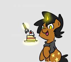 Size: 250x218 | Tagged: safe, artist:star, imported from ponybooru, oc, oc only, oc:star, pony, unicorn, birthday, birthday cake, cake, clothes, food, fork, gray background, hoodie, horn, looking at you, magic, male, open mouth, simple background, solo, stallion, telekinesis