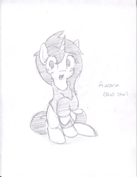 Size: 1275x1650 | Tagged: safe, artist:star, imported from ponybooru, oc, oc only, oc:aurora, oc:star, pony, unicorn, blushing, clothes, female, grayscale, holding leg, hoodie, horn, looking at you, mare, monochrome, open mouth, raised hoof, raised leg, rule 63, simple background, solo, traditional art, white background