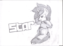 Size: 1755x1275 | Tagged: safe, artist:star, imported from ponybooru, oc, oc only, oc:star, pony, unicorn, clothes, fighting is magic style, grayscale, hoodie, horn, male, monochrome, simple background, solo, stallion, traditional art, underhoof, white background