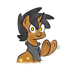 Size: 250x218 | Tagged: safe, artist:star, imported from ponybooru, oc, oc only, oc:star, pony, unicorn, clothes, hoodie, horn, looking at you, male, picture for breezies, raised hoof, raised leg, simple background, solo, stallion, underhoof, waving, white background
