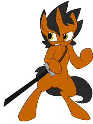 Size: 960x1280 | Tagged: safe, artist:star, imported from ponybooru, oc, oc only, oc:star, pony, unicorn, bipedal, horn, male, scabbard, simple background, solo, stallion, sword, weapon, white background