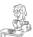 Size: 109x125 | Tagged: safe, artist:star, imported from ponybooru, oc, oc only, pegasus, pony, bagel, black and white, bread, clothes, eating, food, grayscale, hoof hold, monochrome, picture for breezies, pizza, pizza bagel, simple background, table, vest, white background, wings