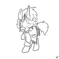 Size: 1000x1000 | Tagged: safe, artist:star, imported from ponybooru, oc, oc only, oc:high tide, oc:river wave, pony, unicorn, black and white, clothes, coat, eyepatch, female, grayscale, horn, mare, monochrome, pirate, raised hoof, raised leg, rule 63, simple background, solo, white background