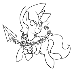 Size: 700x700 | Tagged: safe, artist:star, imported from ponybooru, oc, oc only, oc:star, pony, unicorn, black and white, chains, clothes, grayscale, hoodie, horn, male, monochrome, simple background, solo, stallion, weapon, white background