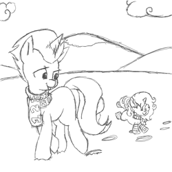 Size: 700x700 | Tagged: safe, artist:star, imported from ponybooru, oc, oc only, oc:ikea, pony, unicorn, black and white, clothes, duo, foal, grayscale, horn, male, monochrome, scarf, snow, stallion, tongue out