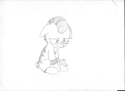 Size: 1755x1275 | Tagged: safe, artist:star, imported from ponybooru, oc, oc only, oc:desert ember, zebra, colt, crying, ear down, foal, grayscale, male, monochrome, sad, sitting, solo, teary eyes, traditional art, zebra oc