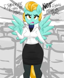 Size: 978x1200 | Tagged: safe, artist:flutterthrash, lightning dust, anthro, pegasus, dialogue, female, flight attendant, lidded eyes, solo, spread wings, stewardess, vulgar, wings