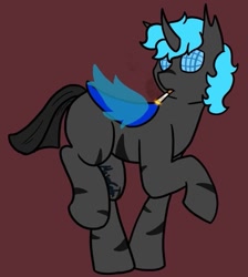 Size: 673x750 | Tagged: artist needed, safe, imported from derpibooru, oc, oc:loshad, changeling, hybrid, pegasus, changeling oc, cigarette, hybrid oc, male, pegasus oc, simple background, smoking, solo, stallion, wings