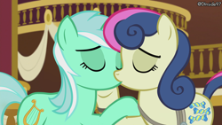 Size: 1920x1080 | Tagged: safe, edit, edited screencap, imported from derpibooru, screencap, bon bon, lyra heartstrings, sweetie drops, earth pony, pony, unicorn, season 5, slice of life (episode), duo, eyes closed, female, kiss edit, kiss on the lips, kissing, lesbian, lyrabon, mare, shipping