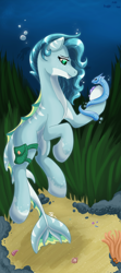 Size: 1632x3672 | Tagged: safe, artist:sharxz, imported from derpibooru, oc, oc only, fish, merpony, serpent, bag, blue mane, bubble, crepuscular rays, fish tail, flowing mane, green eyes, ocean, seashell, seaweed, shell, smiling, solo, tail, underwater, water