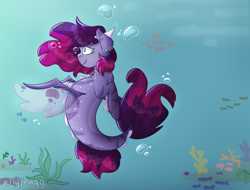 Size: 920x700 | Tagged: safe, artist:nuggdoodles, imported from derpibooru, oc, oc only, seapony (g4), bubble, clothes, coral, crepuscular rays, dorsal fin, female, fin wings, fins, fish tail, flowing mane, flowing tail, ocean, seaweed, see-through, smiling, solo, sunlight, tail, underwater, water, wings