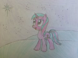 Size: 2592x1936 | Tagged: safe, artist:paladin360, imported from derpibooru, oc, oc only, oc:cosmic spark, pony, unicorn, colored pencil drawing, comments locked down, female, mare, solo, stars, traditional art