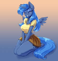 Size: 2250x2362 | Tagged: source needed, safe, alternate version, artist:dandy, imported from derpibooru, princess luna, alicorn, anthro, unguligrade anthro, adorasexy, arm boob squeeze, big breasts, blushing, breasts, busty princess luna, cleavage, clothes, cute, cutie mark, eyes closed, eyeshadow, female, grin, hooves, horn, kneeling, legs, lunabetes, makeup, mare, midriff, miniskirt, questionable source, s1 luna, schrödinger's pantsu, sexy, shirt, short shirt, skirt, smiling, solo, solo female, thighs, wings