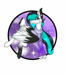 Size: 902x1024 | Tagged: safe, artist:yoonah, imported from derpibooru, oc, oc only, pegasus, pony, abstract background, clothes, ear piercing, eyelashes, female, hoodie, looking back, mare, pegasus oc, piercing, solo, two toned wings, wings