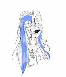Size: 881x1024 | Tagged: safe, artist:yoonah, imported from derpibooru, oc, oc only, pony, unicorn, black sclera, chest fluff, ear fluff, ear piercing, horn, piercing, simple background, solo, unicorn oc, white background
