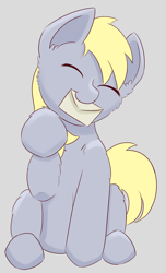 Size: 2767x4563 | Tagged: safe, artist:backgroundpony#f352, imported from derpibooru, derpy hooves, pony, cute, derpabetes, eyes closed, head tilt, letter, mouth hold, raised hoof, simple background, smiling