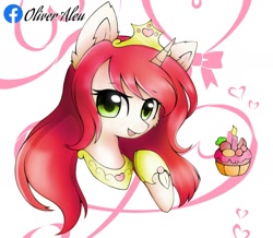 Size: 1680x1468 | Tagged: safe, artist:aleuoliver, artist:aleurajan, imported from derpibooru, oc, oc only, pony, unicorn, abstract background, bust, cupcake, eyelashes, food, hoof shoes, horn, open mouth, peytral, smiling, solo, unicorn oc