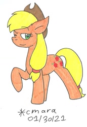 Size: 777x1131 | Tagged: safe, artist:cmara, imported from derpibooru, applejack, earth pony, pony, applejack's hat, cowboy hat, female, hat, mare, one eye closed, raised hoof, simple background, solo, traditional art, white background, wink