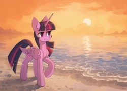 Size: 2032x1462 | Tagged: safe, artist:koviry, imported from derpibooru, twilight sparkle, alicorn, pony, beach, commission, female, lidded eyes, mare, raised hoof, scenery, smiling, solo, sun, twilight sparkle (alicorn), water, ych example, your character here