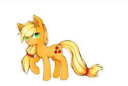 Size: 1200x804 | Tagged: safe, alternate version, artist:aleuoliver, artist:aleurajan, imported from derpibooru, applejack, earth pony, pony, apple, background removed, colored, female, food, mare, missing accessory, raised hoof, simple background, solo, white background