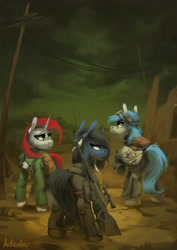 Size: 2480x3508 | Tagged: safe, artist:anticular, imported from derpibooru, oc, oc only, earth pony, pegasus, pony, unicorn, fallout equestria, bag, clothes, commission, fanfic art, goggles, gun, jacket, rifle, saddle bag, trio, wasteland, weapon